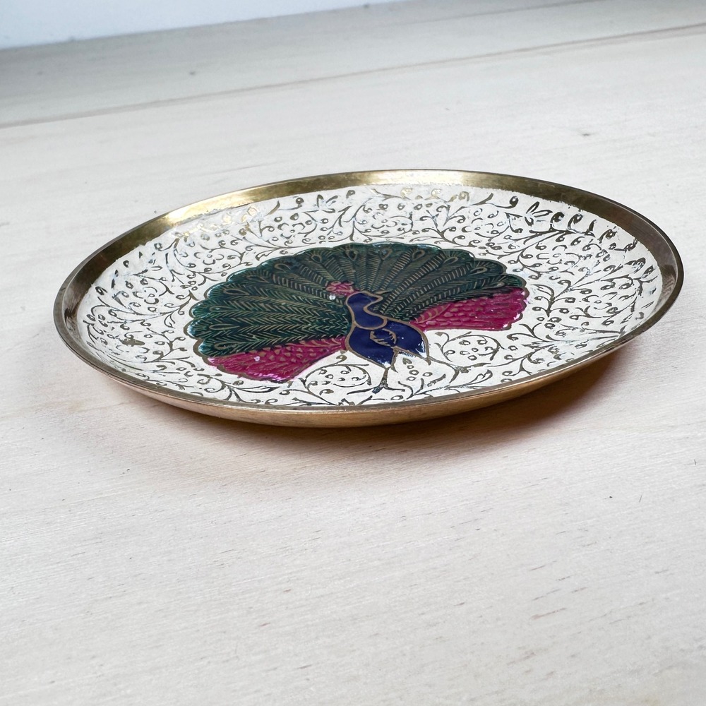Vintage Indian Brass‎ Peacock Enamel Trinket Dish 4" Gold Filigree Boho Decor - Picture 4 of 6